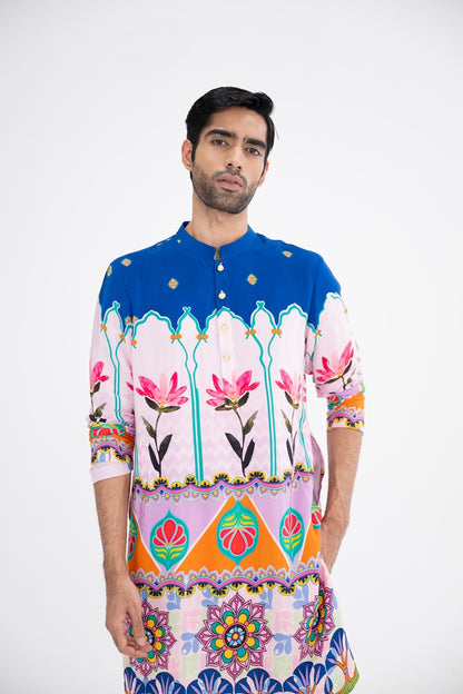 Blue Lotus Print Kurta Paired With White Pants