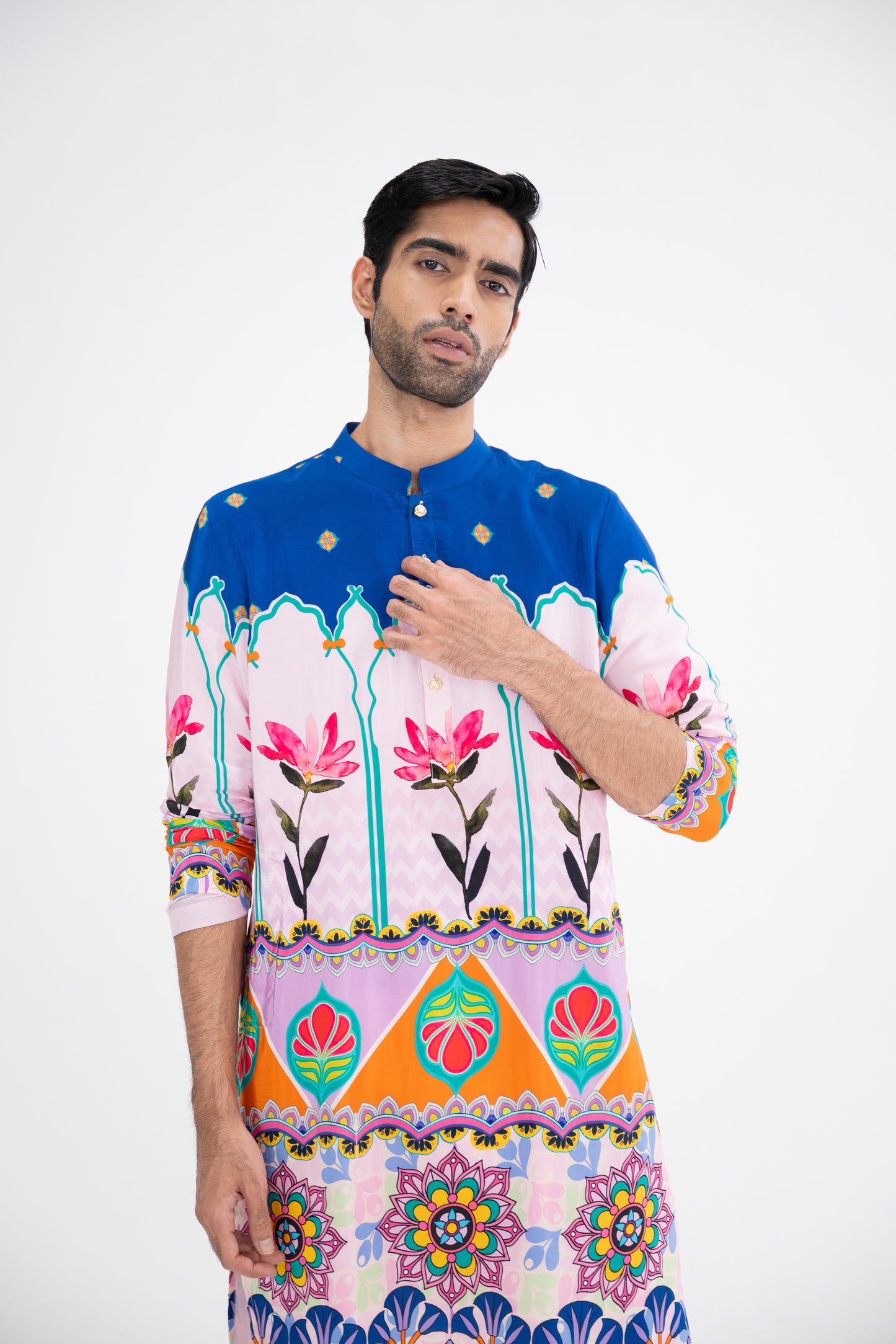 Blue Lotus Print Kurta Paired With White Pants