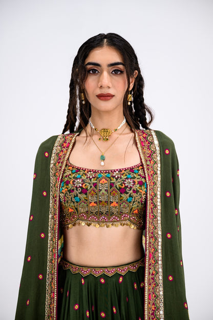 Green Lehenga Paired With Embroidered Bralette And Cape Set