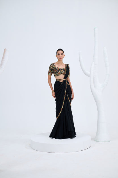 EBONY PRE DRAPED SAREE PAIRED WITH EMBROIDERED BLOUSE AND POLKI EMEBELISHED BELT