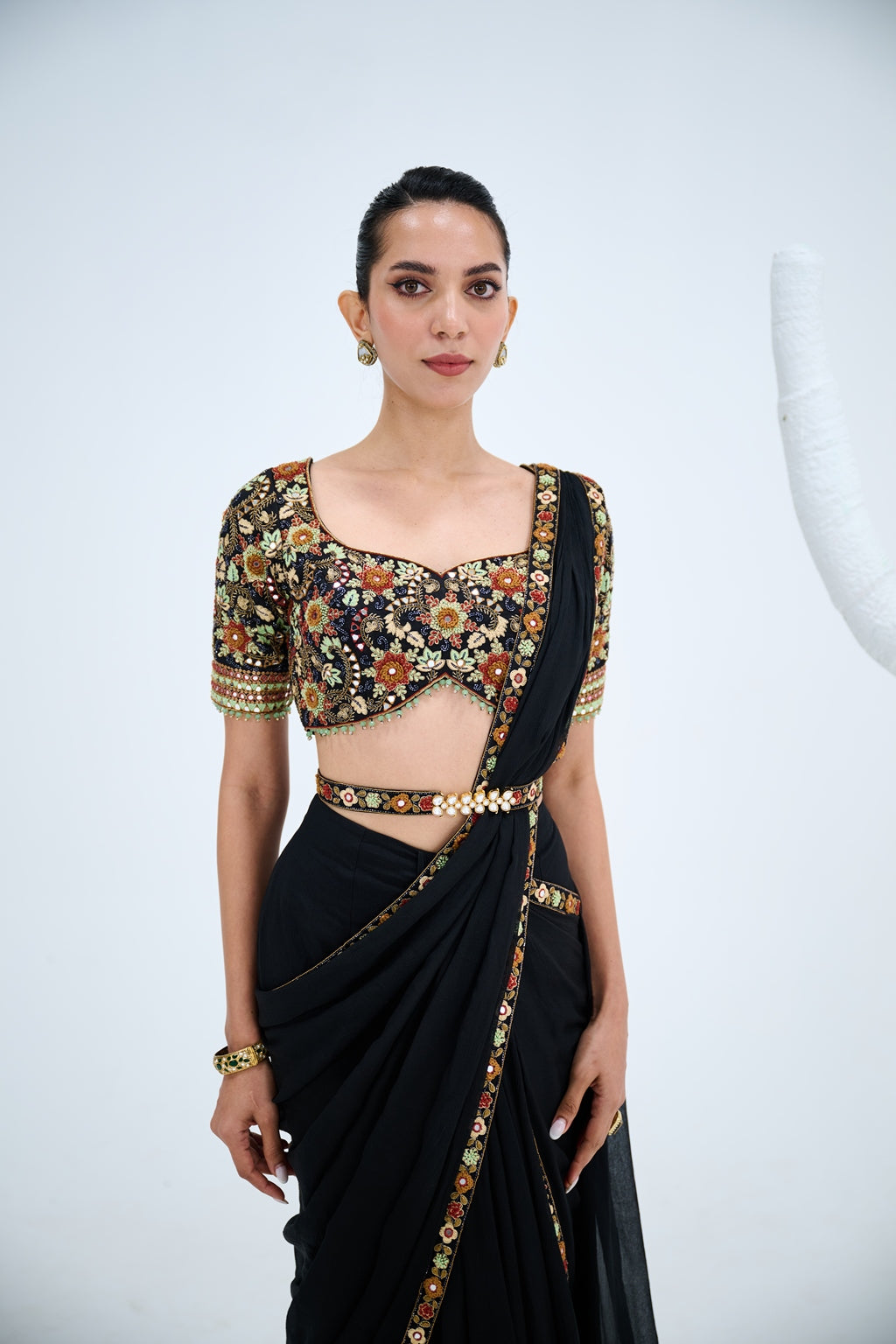 EBONY PRE DRAPED SAREE PAIRED WITH EMBROIDERED BLOUSE AND POLKI EMEBELISHED BELT