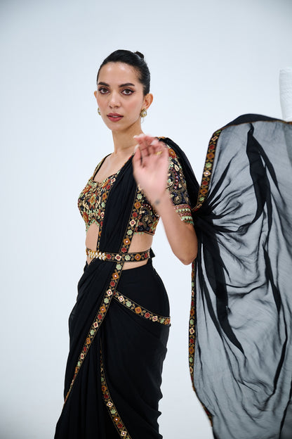 EBONY PRE DRAPED SAREE PAIRED WITH EMBROIDERED BLOUSE AND POLKI EMEBELISHED BELT