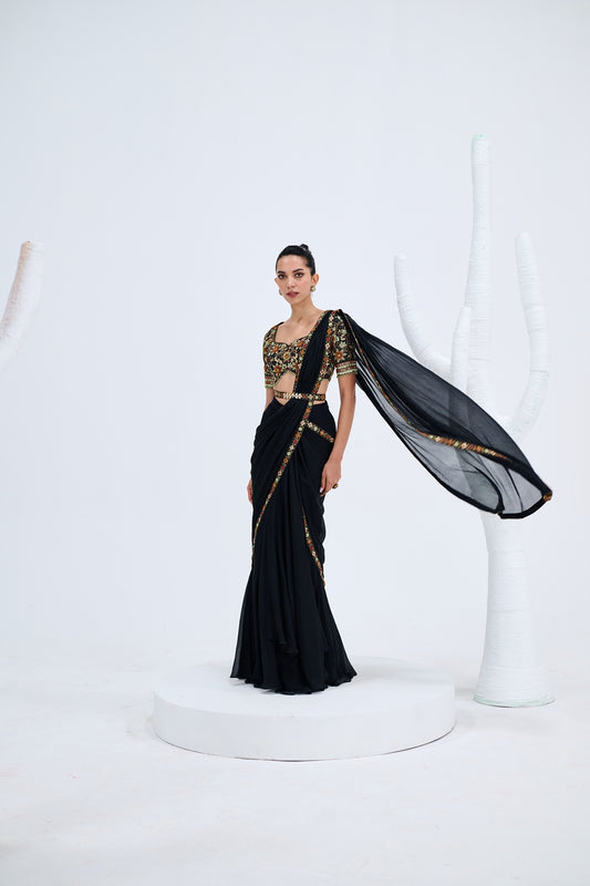 EBONY PRE DRAPED SAREE PAIRED WITH EMBROIDERED BLOUSE AND POLKI EMEBELISHED BELT