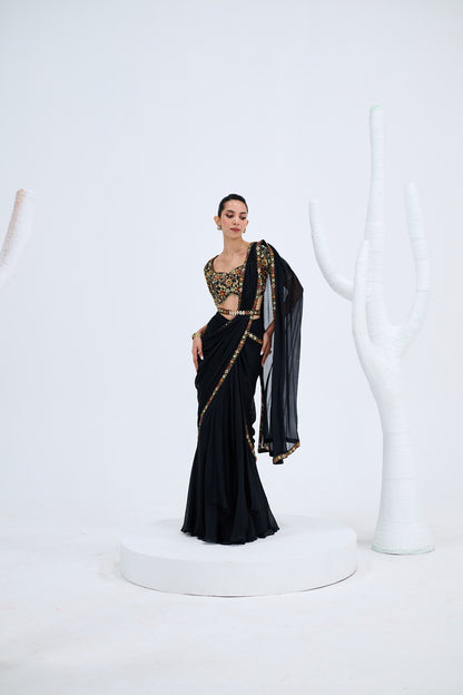 EBONY PRE DRAPED SAREE PAIRED WITH EMBROIDERED BLOUSE AND POLKI EMEBELISHED BELT