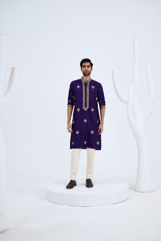 PURPLE EMBROIDERED KURTA SET PAIRED WITH BEIGE PANTS