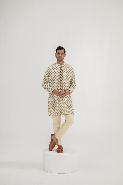 Cream Flower Butta Pintuck Kurta/full Set