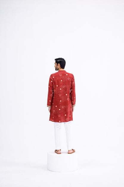 Red Overall Kurta Paired With White Pants And Highlight Sleeve Border