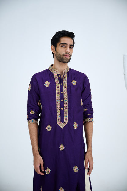 PURPLE EMBROIDERED KURTA SET PAIRED WITH BEIGE PANTS