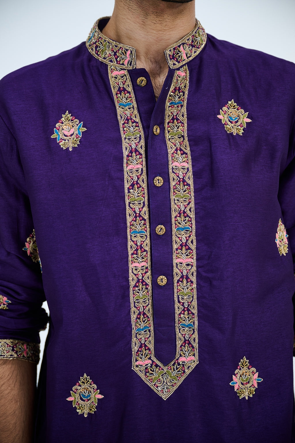 PURPLE EMBROIDERED KURTA SET PAIRED WITH BEIGE PANTS