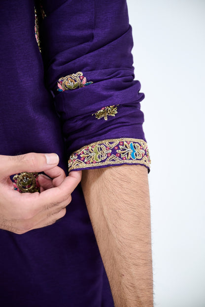 PURPLE EMBROIDERED KURTA SET PAIRED WITH BEIGE PANTS