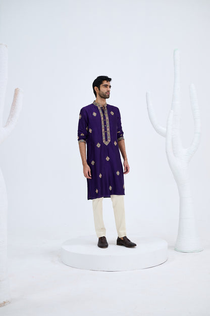 PURPLE EMBROIDERED KURTA SET PAIRED WITH BEIGE PANTS