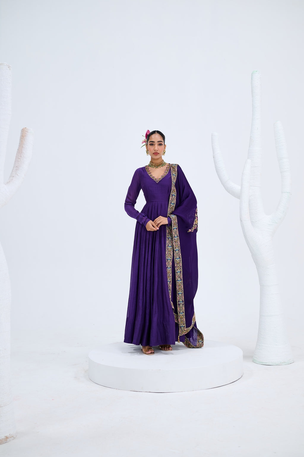 PURPLE ANARKALI PAIRED WITH ORGANZA EMROIDERED DUPATTA