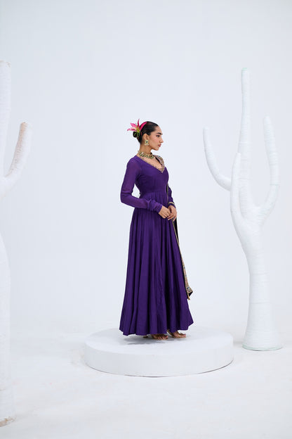 PURPLE ANARKALI PAIRED WITH ORGANZA EMROIDERED DUPATTA