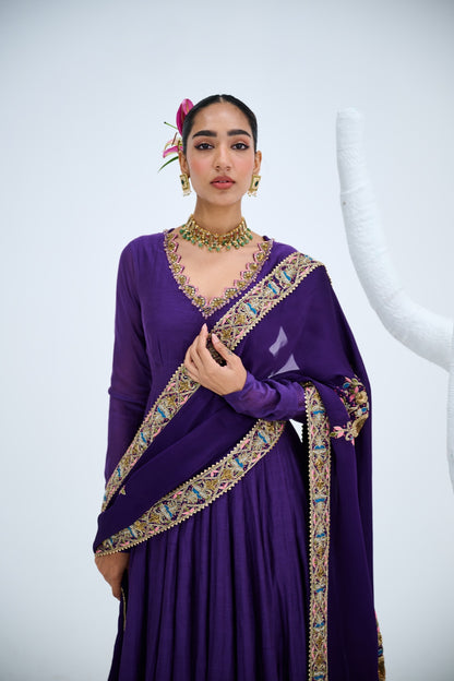 PURPLE ANARKALI PAIRED WITH ORGANZA EMROIDERED DUPATTA