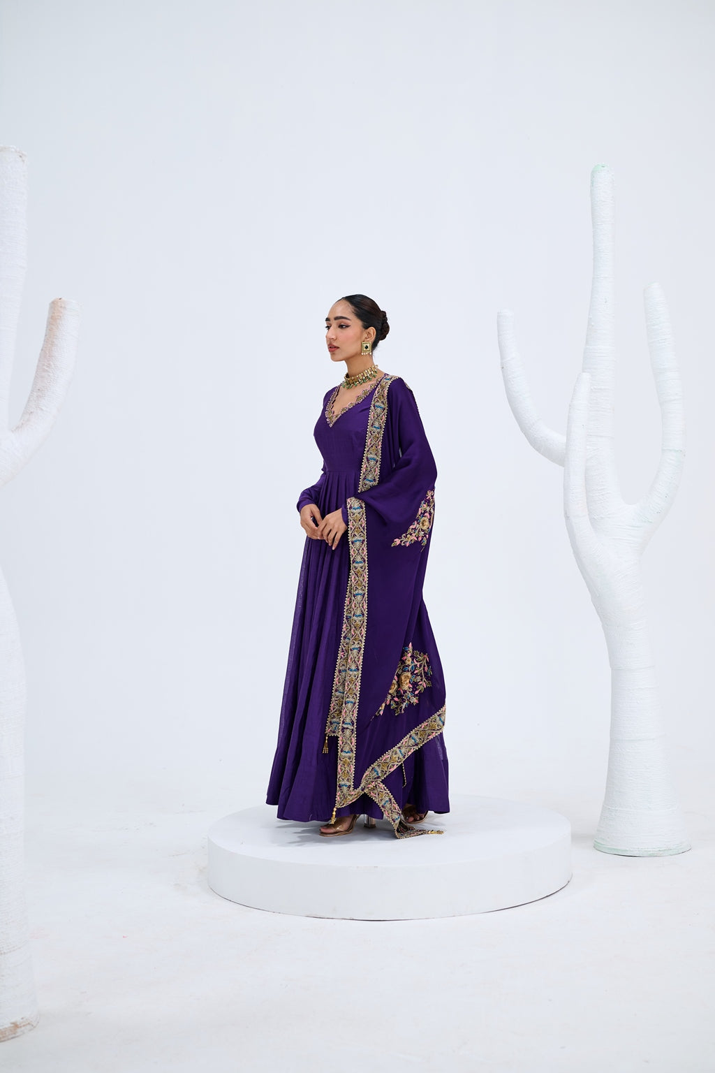 PURPLE ANARKALI PAIRED WITH ORGANZA EMROIDERED DUPATTA