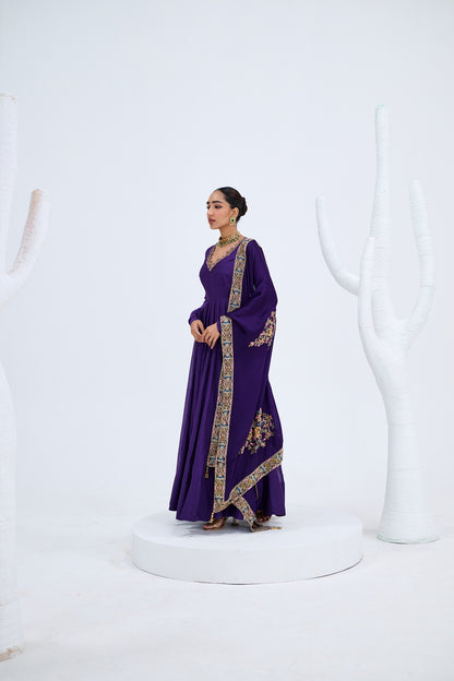 PURPLE ANARKALI PAIRED WITH ORGANZA EMROIDERED DUPATTA