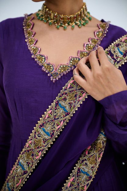 PURPLE ANARKALI PAIRED WITH ORGANZA EMROIDERED DUPATTA