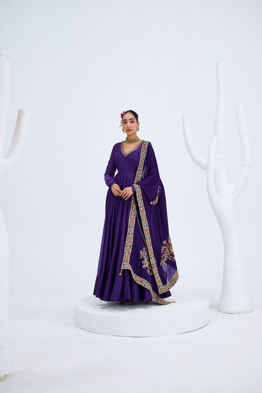 PURPLE ANARKALI PAIRED WITH ORGANZA EMROIDERED DUPATTA