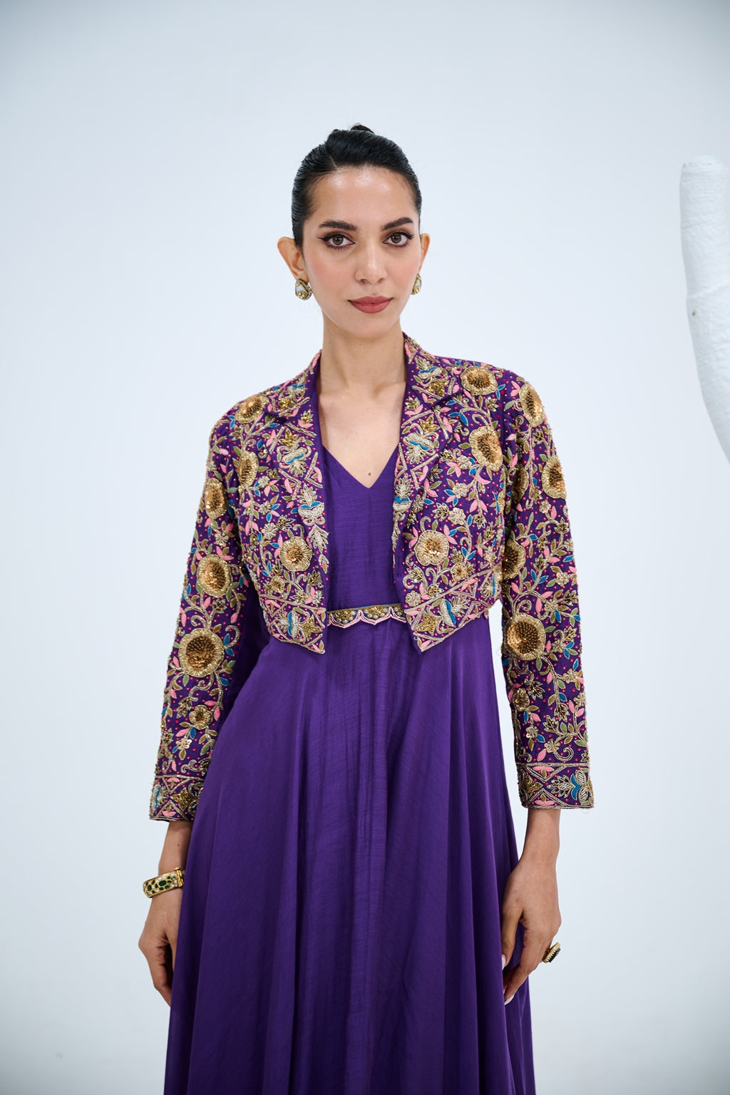 PURPLE GOWN WITH EMBROIDERED JACKET SET