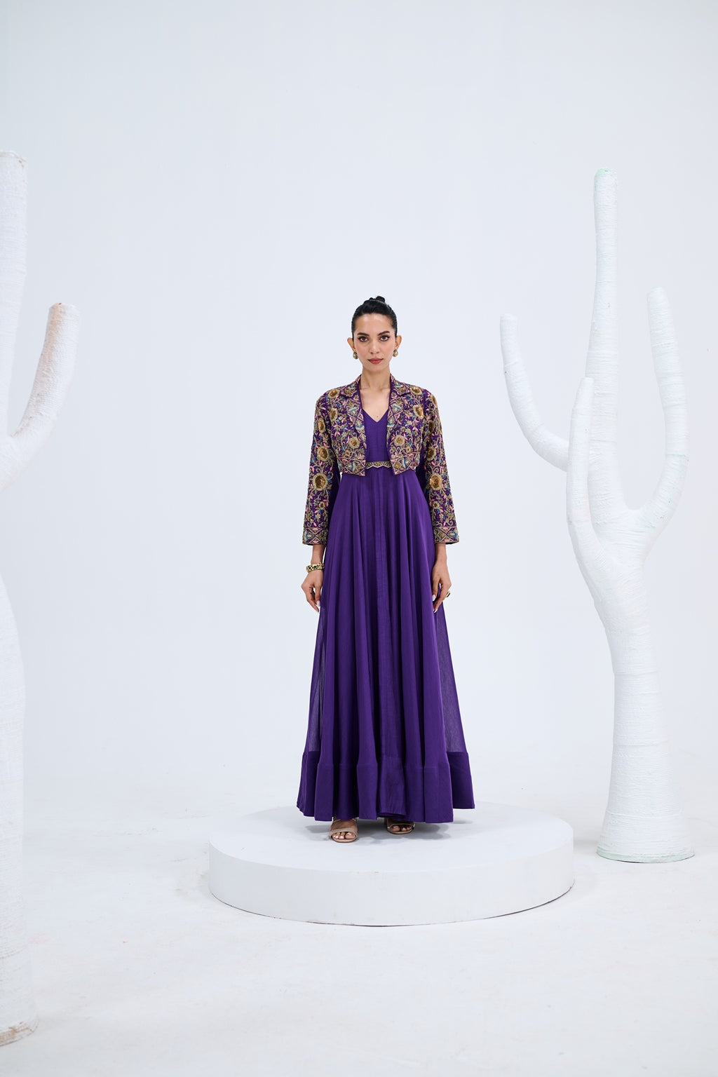 PURPLE GOWN WITH EMBROIDERED JACKET SET