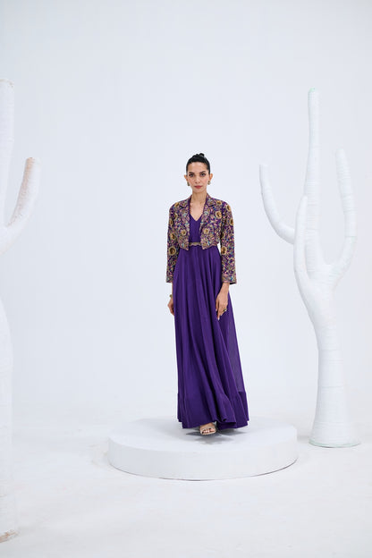 PURPLE GOWN WITH EMBROIDERED JACKET SET