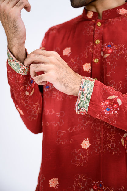 Red Overall Kurta Paired With White Pants And Highlight Sleeve Border