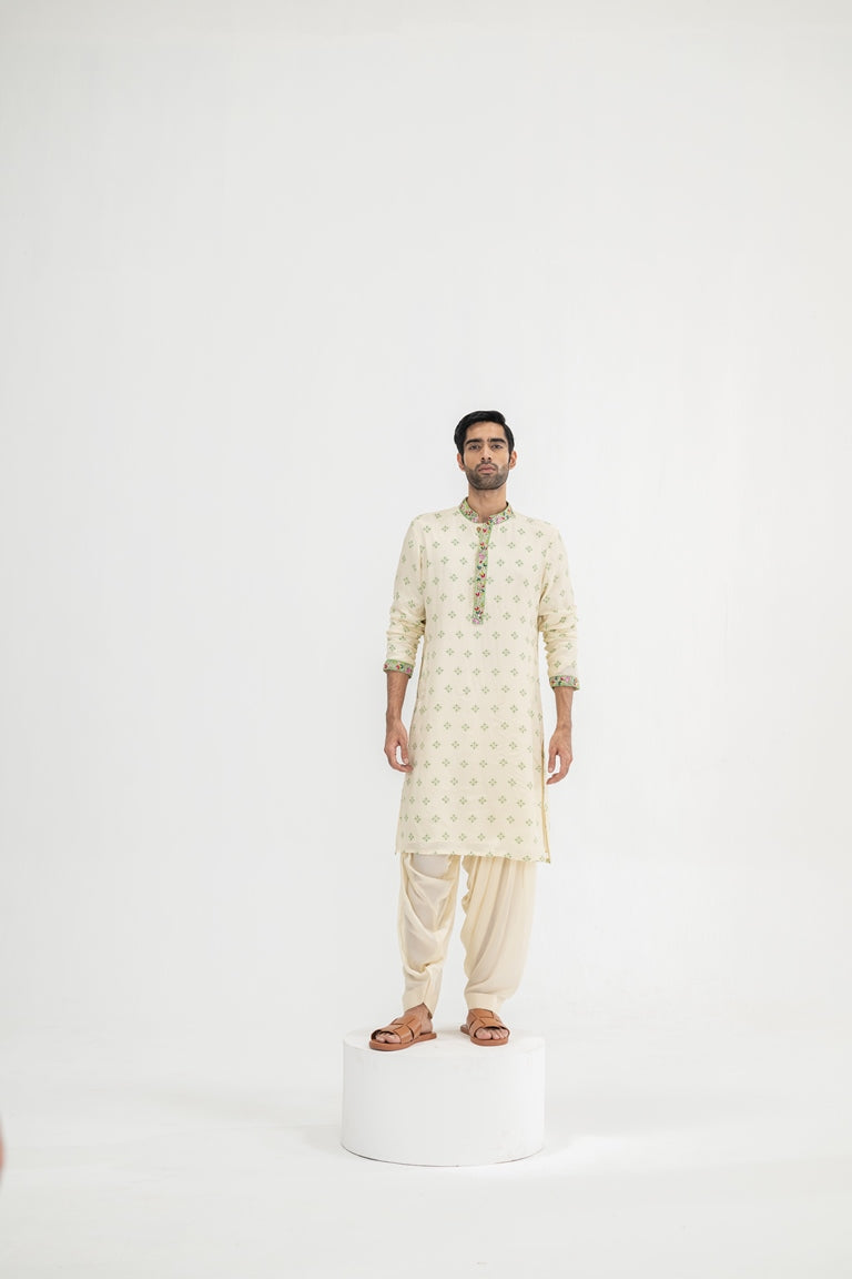 Cream Butta Kurta Paired With Cowl Pants(Kurta/full Set)