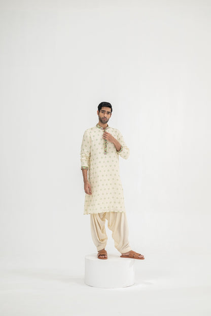 Cream Butta Kurta Paired With Cowl Pants(Kurta/full Set)