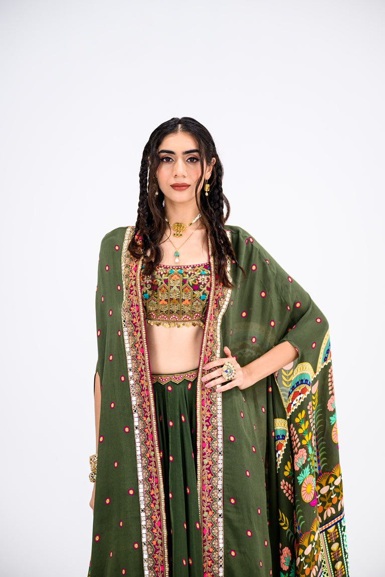 Green Lehenga Paired With Embroidered Bralette And Cape Set