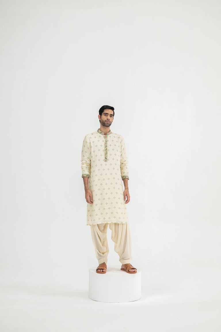 Cream Butta Kurta Paired With Cowl Pants(Kurta/full Set)