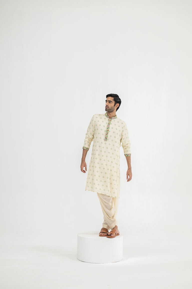 Cream Butta Kurta Paired With Cowl Pants(Kurta/full Set)