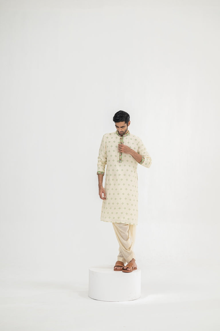 Cream Butta Kurta Paired With Cowl Pants(Kurta/full Set)