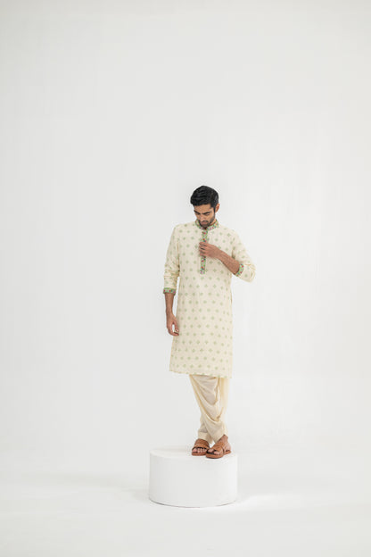 Cream Butta Kurta Paired With Cowl Pants(Kurta/full Set)