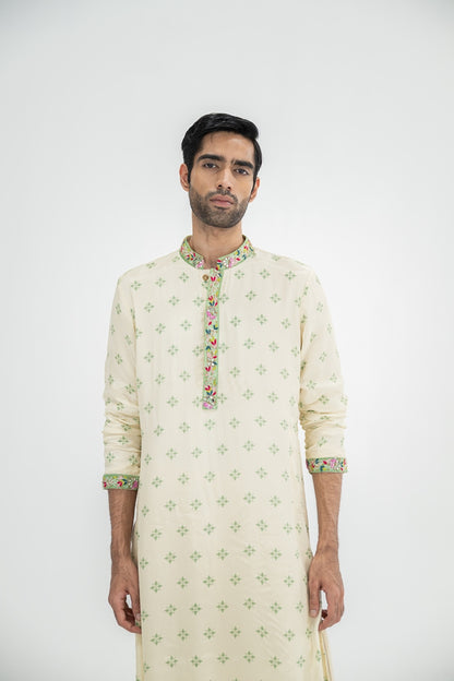 Cream Butta Kurta Paired With Cowl Pants(Kurta/full Set)