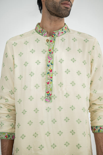 Cream Butta Kurta Paired With Cowl Pants(Kurta/full Set)