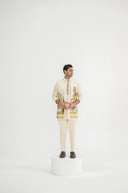 Cream Kurta Paired With Mughal Half Jacket/full Set