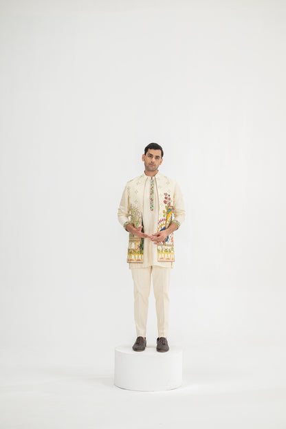 Cream Kurta Paired With Mughal Half Jacket/full Set