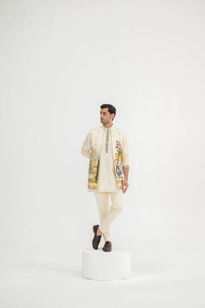 Cream Kurta Paired With Mughal Half Jacket/full Set