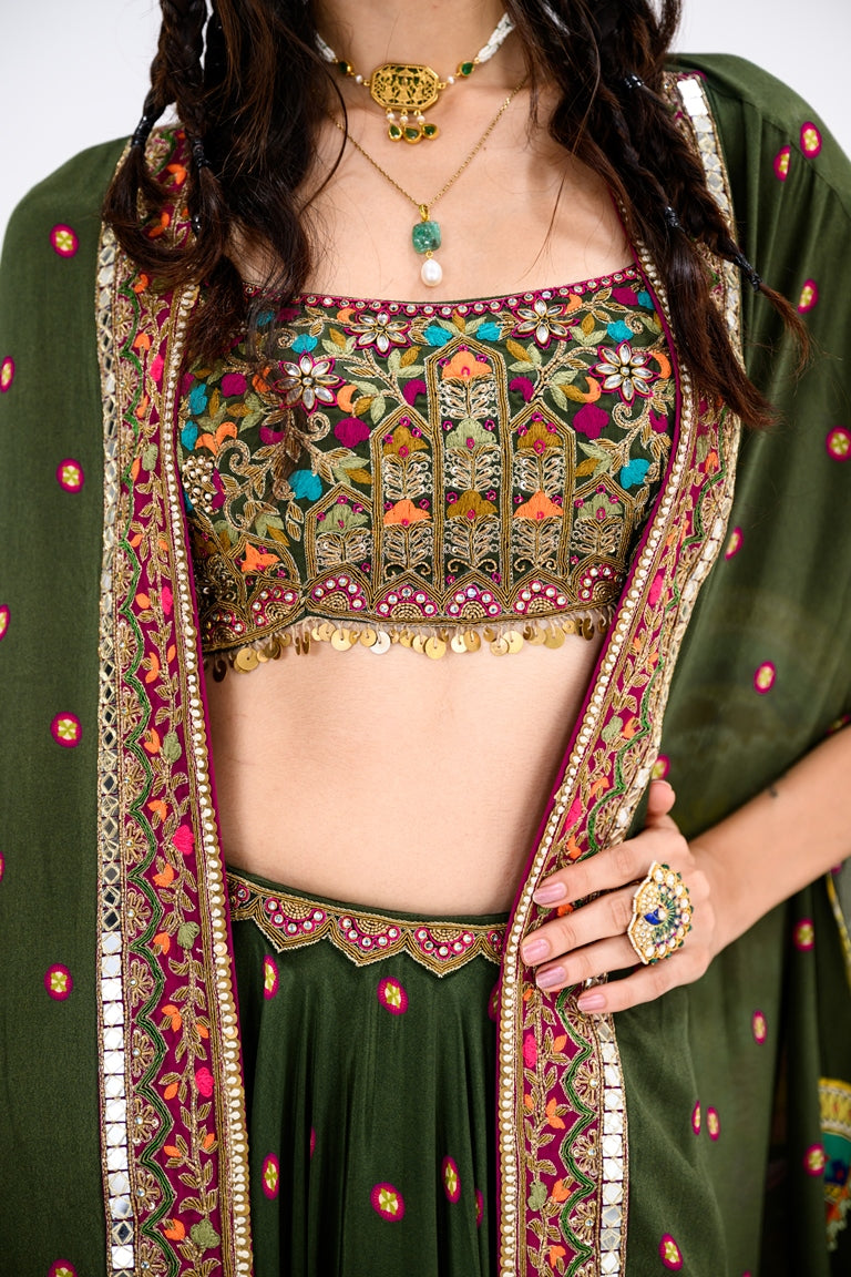 Green Lehenga Paired With Embroidered Bralette And Cape Set