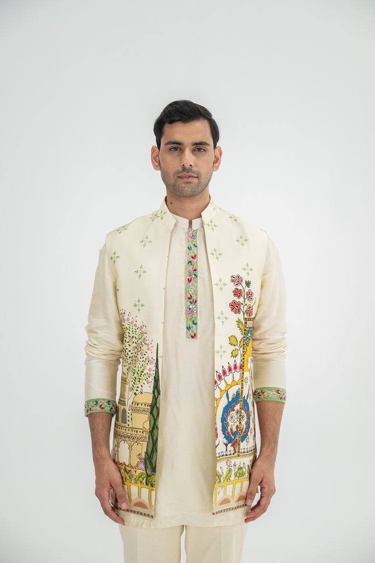 Cream Kurta Paired With Mughal Half Jacket/full Set