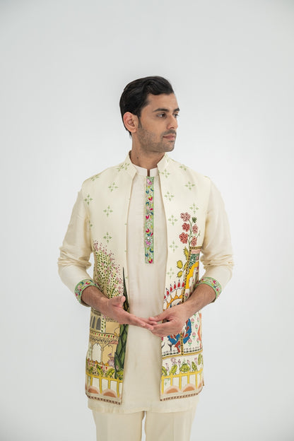 Cream Kurta Paired With Mughal Half Jacket/full Set