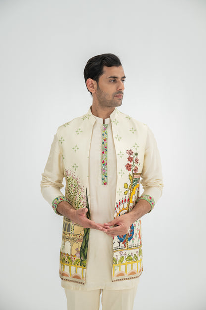 Cream Kurta Paired With Mughal Half Jacket/full Set