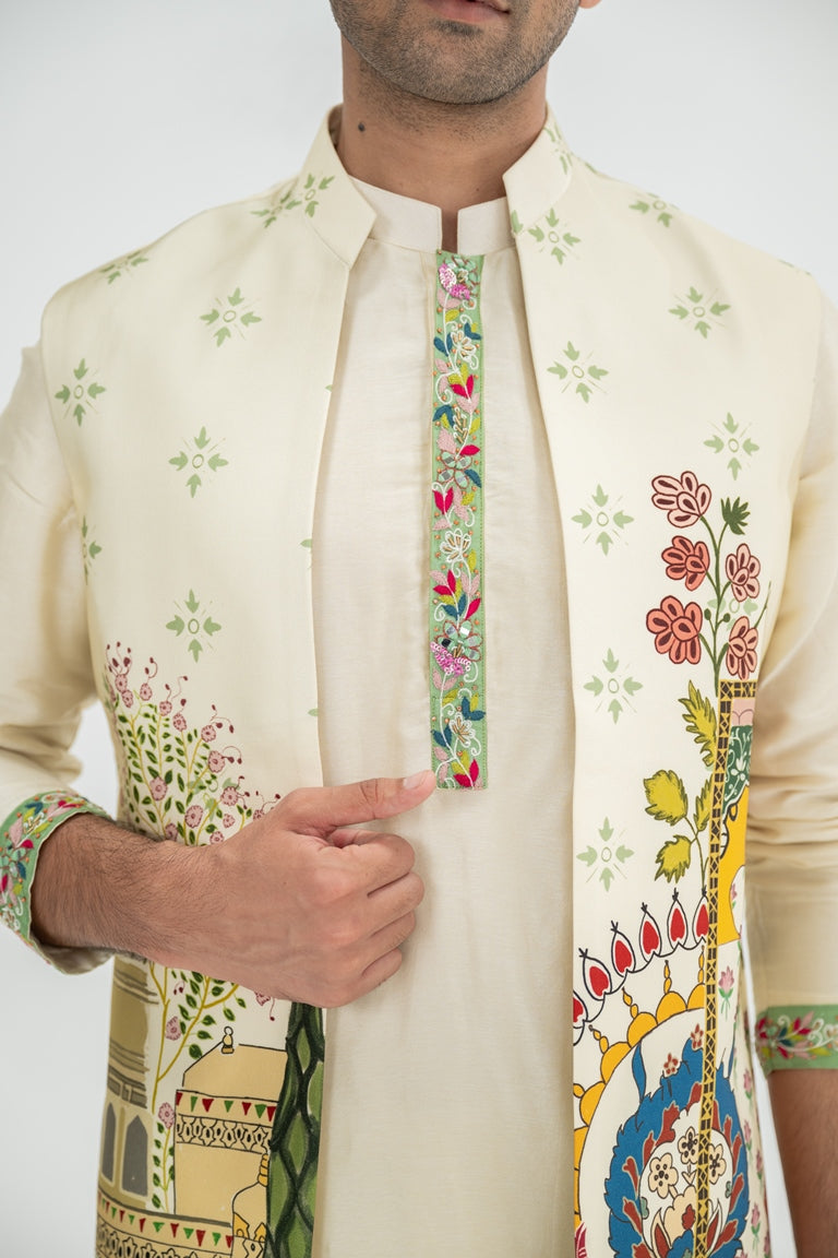 Cream Kurta Paired With Mughal Half Jacket/full Set