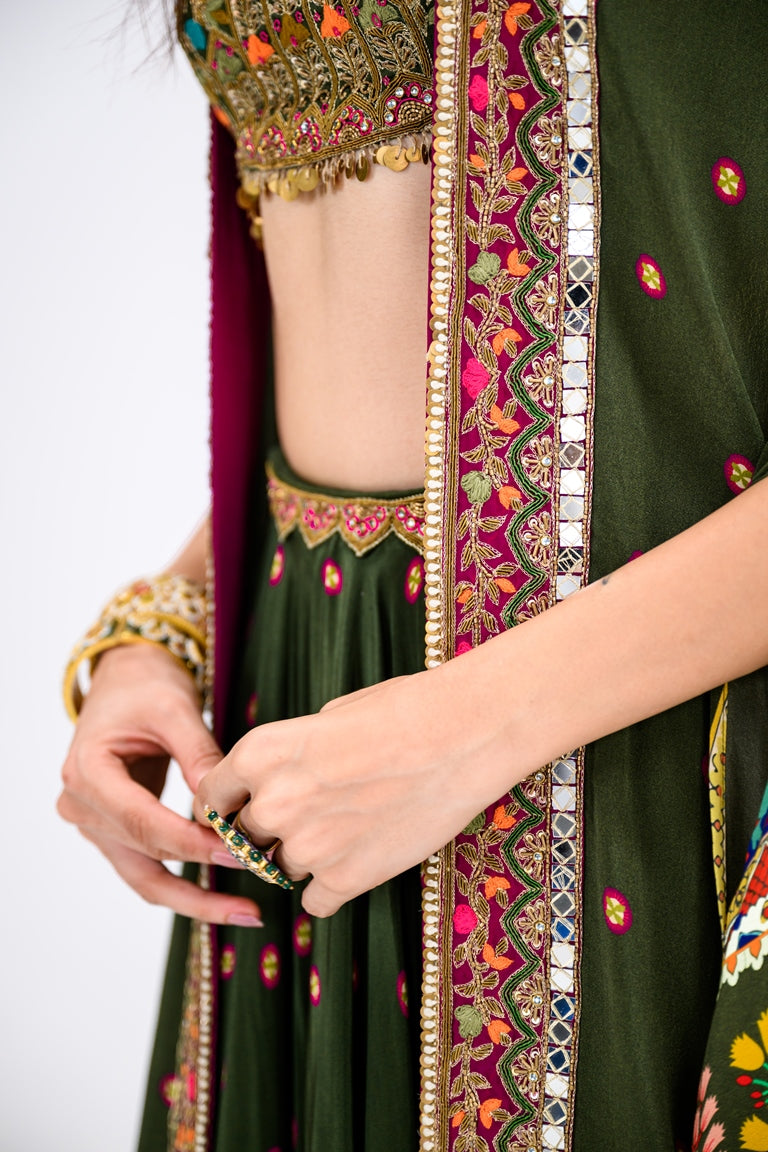 Green Lehenga Paired With Embroidered Bralette And Cape Set