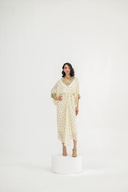 Cream Dotted Toga Cape With Inner And Skirt Set