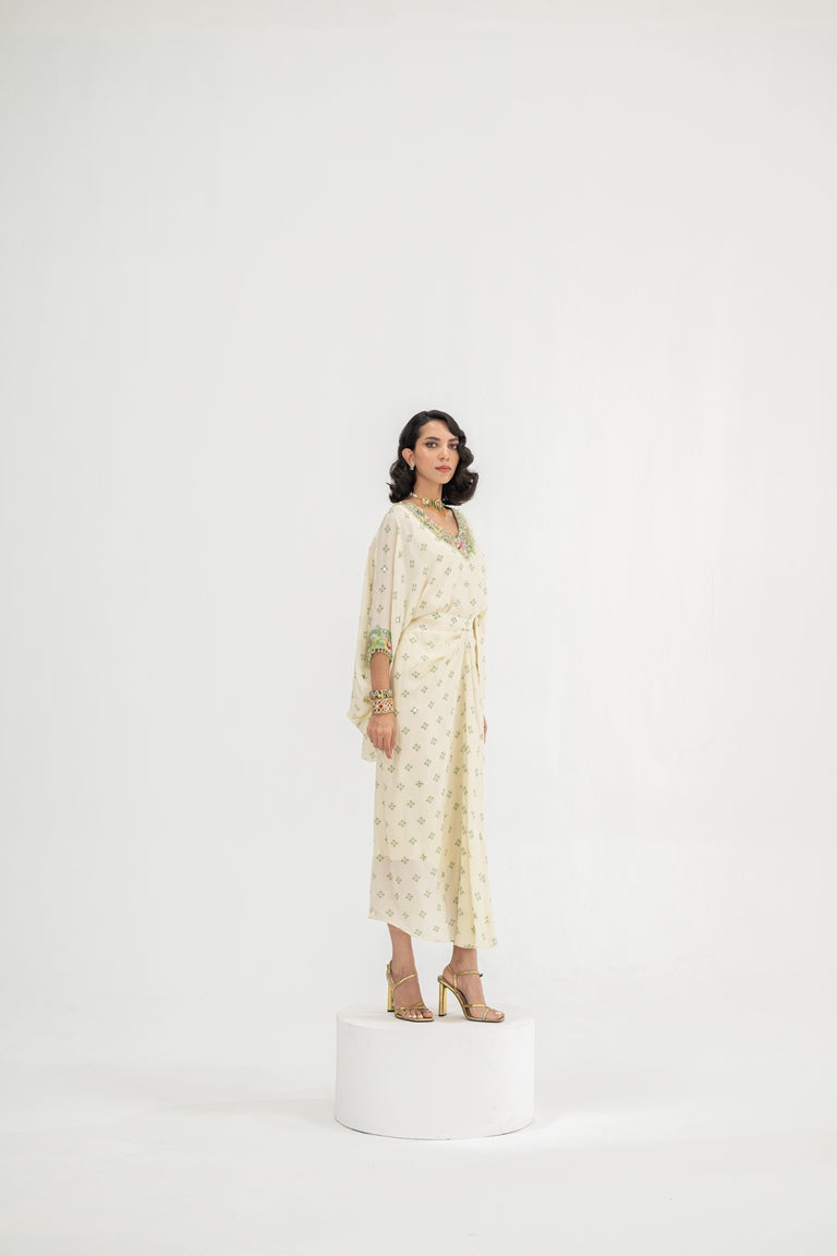 Cream Dotted Toga Cape With Inner And Skirt Set