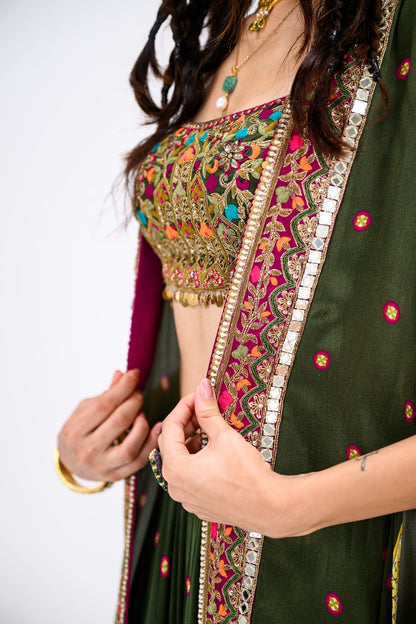 Green Lehenga Paired With Embroidered Bralette And Cape Set