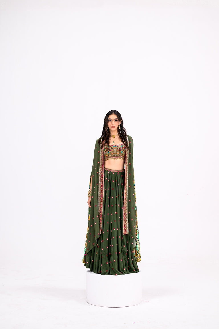 Green Lehenga Paired With Embroidered Bralette And Cape Set