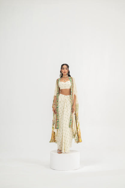 Cream Dotted Bralette And Skirt With Cream Mughal Garden Cape Set