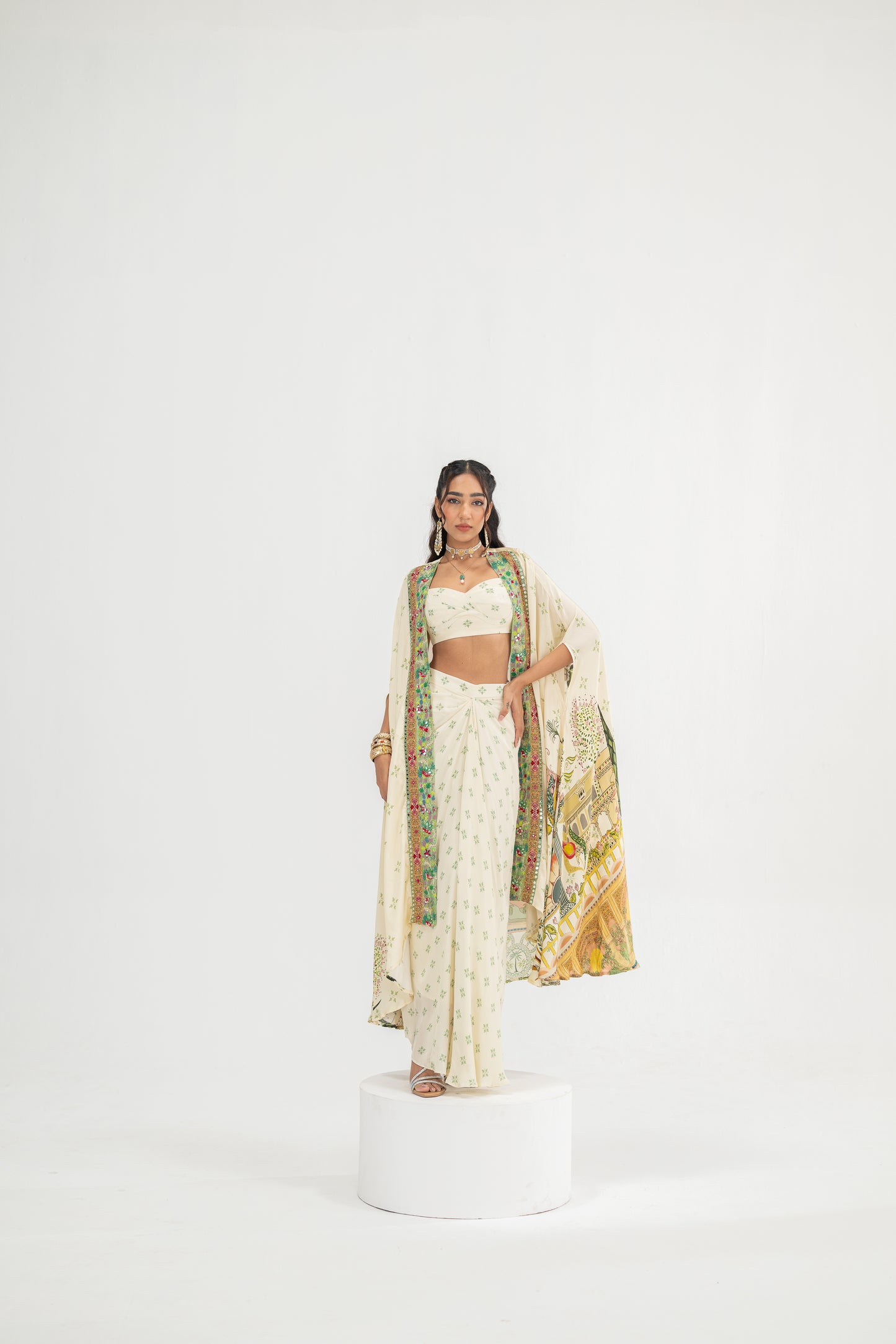 Cream Dotted Bralette And Skirt With Cream Mughal Garden Cape Set